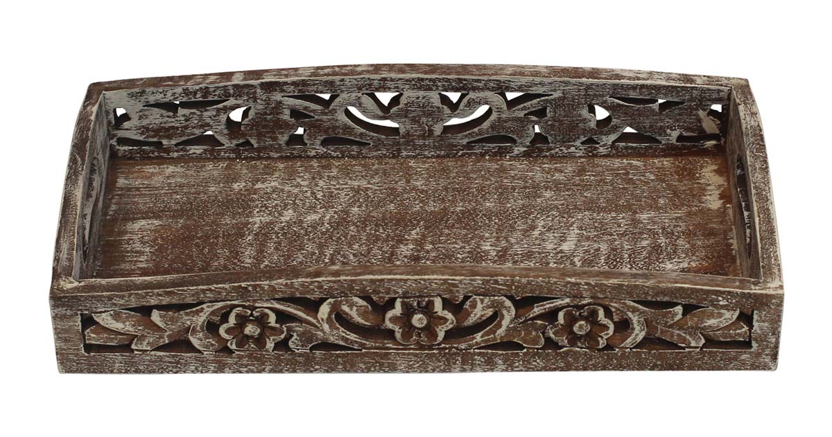 Bulk Wholesale 14” Rectangular Wooden Tray - Hand carved Open Work Floral Motif Open-Work Art - Wood - Rustic Look Whitewashed Distressed Finish - Catchall Tray/Table Top Accessories