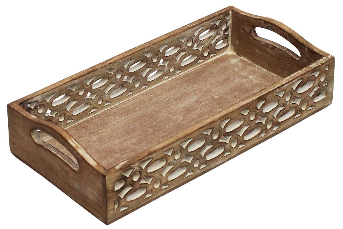 Bulk Wholesale Serving Tray with Handles - Handmade 14” Wood Intricate Open-Work Art Carving in Natural-Brown Color Decorated with White Color - Antique-Look Home Decor/Kitchen Essentials from India