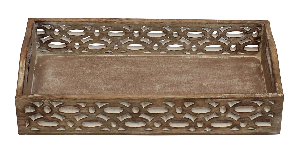 Bulk Wholesale Serving Tray with Handles - Handmade 14” Wood Intricate Open-Work Art Carving in Natural-Brown Color Decorated with White Color - Antique-Look Home Decor/Kitchen Essentials from India