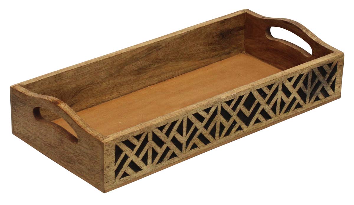 Bulk Wholesale Serving Tray with Handmade 15.5” Wood Intricate Open-Work Art Carving in Natural-Brown Color - Antique-Look Home Decor/Kitchen Essentials from India