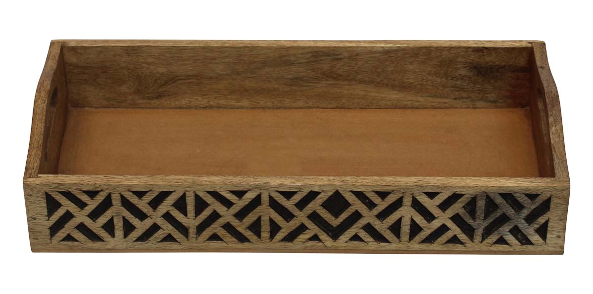 Bulk Wholesale Serving Tray with Handmade 15.5” Wood Intricate Open-Work Art Carving in Natural-Brown Color - Antique-Look Home Decor/Kitchen Essentials from India