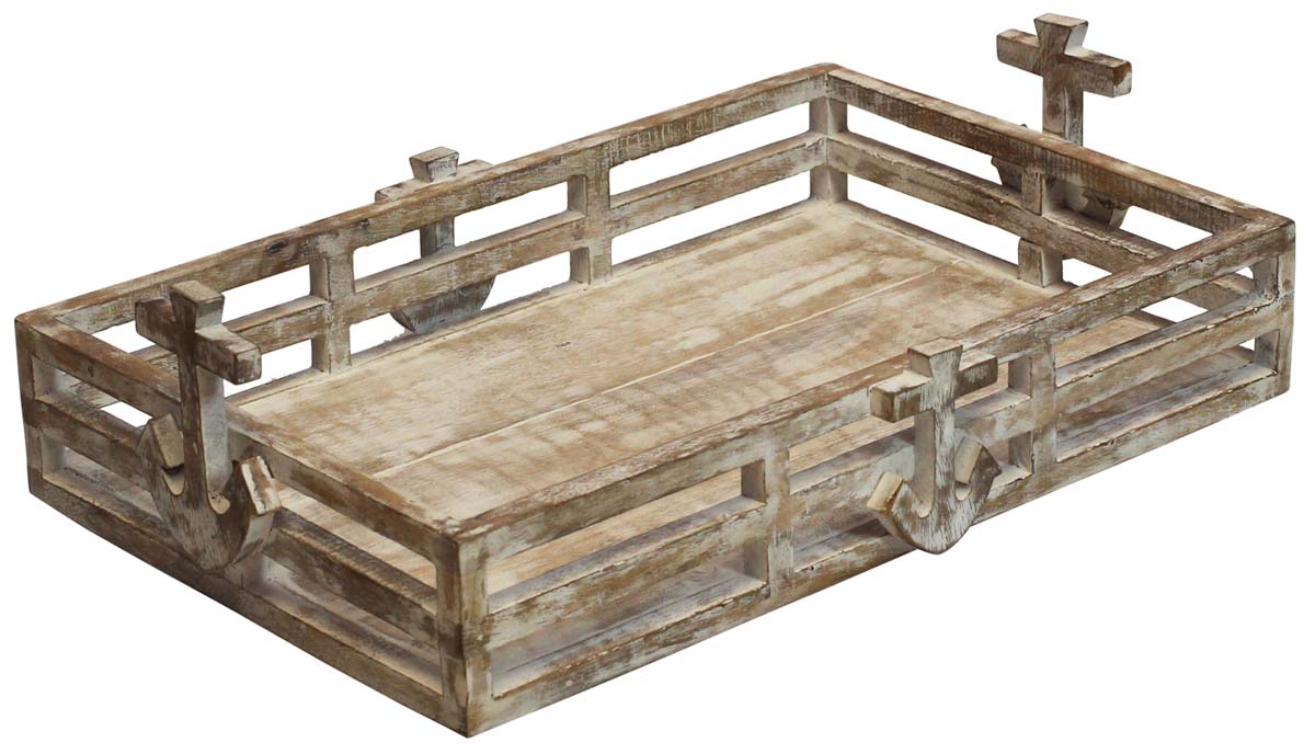 Bulk Wholesale Handmade 16” Wood Serving Tray with Anchor Sign at all Sides in Distressed Brown & White Color - Antique-Look Home Decor/Kitchen Essentials from India