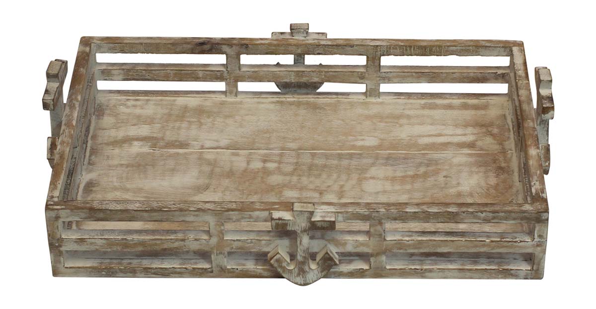 Bulk Wholesale Handmade 16” Wood Serving Tray with Anchor Sign at all Sides in Distressed Brown & White Color - Antique-Look Home Decor/Kitchen Essentials from India