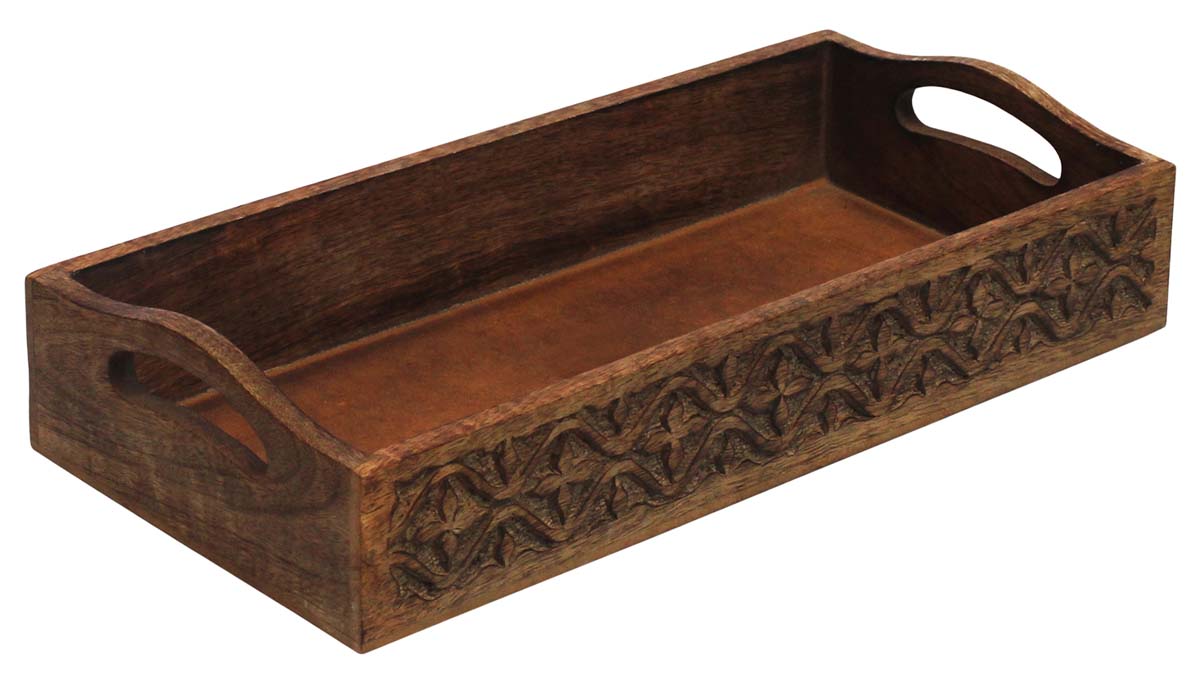 Bulk Wholesale Wood Serving Tray with Handmade 15” Intricate Open-Work Art Carving in Floral Motifs in Natural-Brown Color - Antique-Look Home Decor/Kitchen Essentials from India