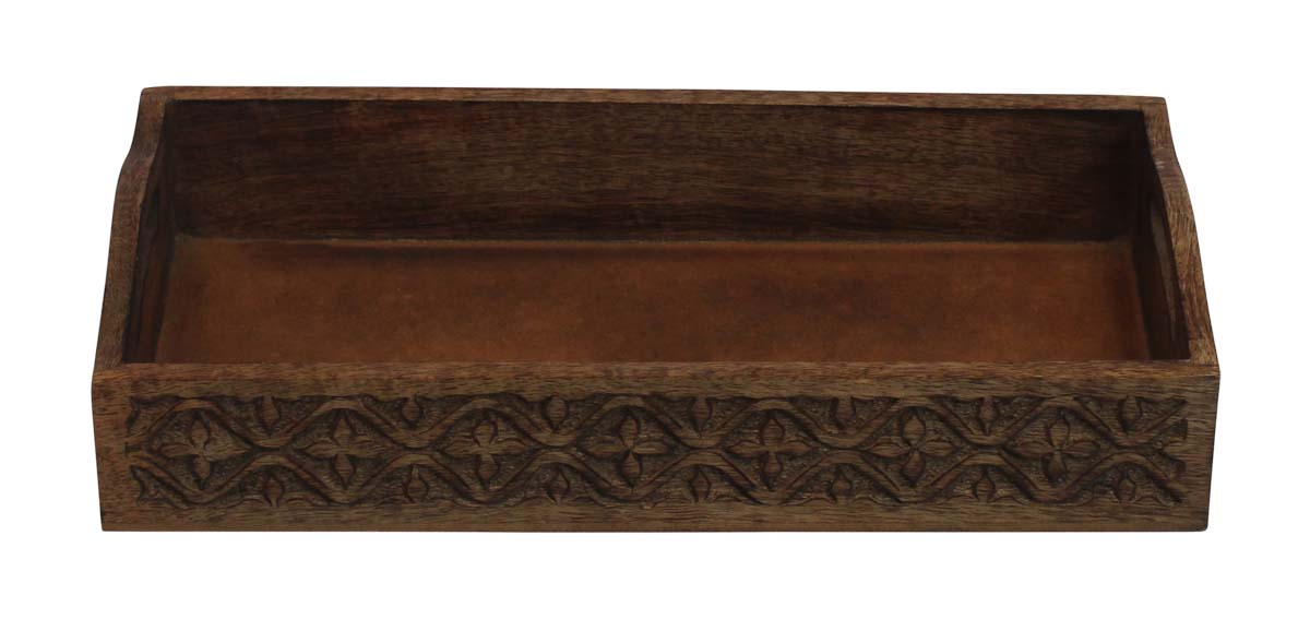 Bulk Wholesale Wood Serving Tray with Handmade 15” Intricate Open-Work Art Carving in Floral Motifs in Natural-Brown Color - Antique-Look Home Decor/Kitchen Essentials from India