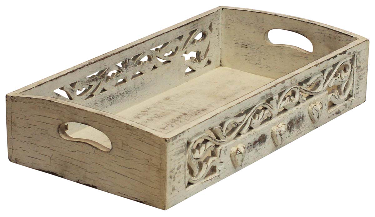 Bulk Wholesale Wood Serving Tray with Handmade 16.5” Intricate Open-Work Art Carving & Heart Designs in Distressed Cream Color - Antique-Look Home Decor/Kitchen Essentials from India
