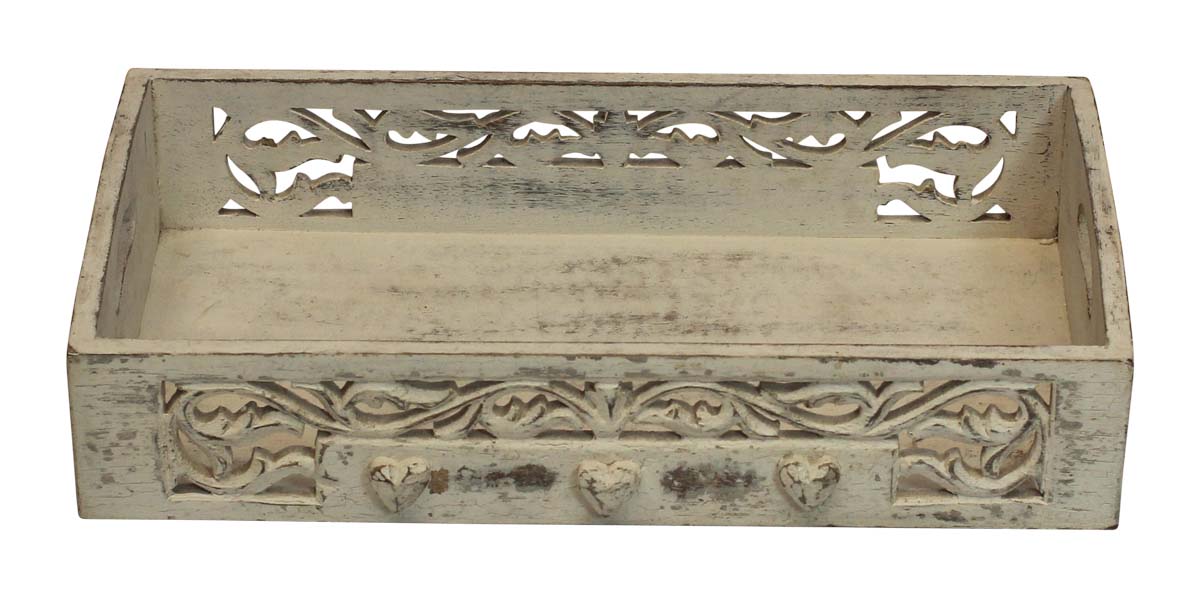 Bulk Wholesale Wood Serving Tray with Handmade 16.5” Intricate Open-Work Art Carving & Heart Designs in Distressed Cream Color - Antique-Look Home Decor/Kitchen Essentials from India