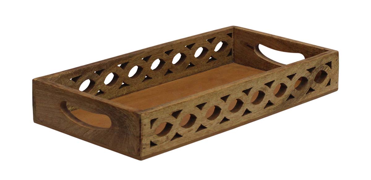 Bulk Wholesale Serving Tray with Handmade 14” Wood Intricate Open-Work Art Carving of Oval Rings in Natural-Brown Color - Antique-Look Home Decor/Kitchen Essentials from India