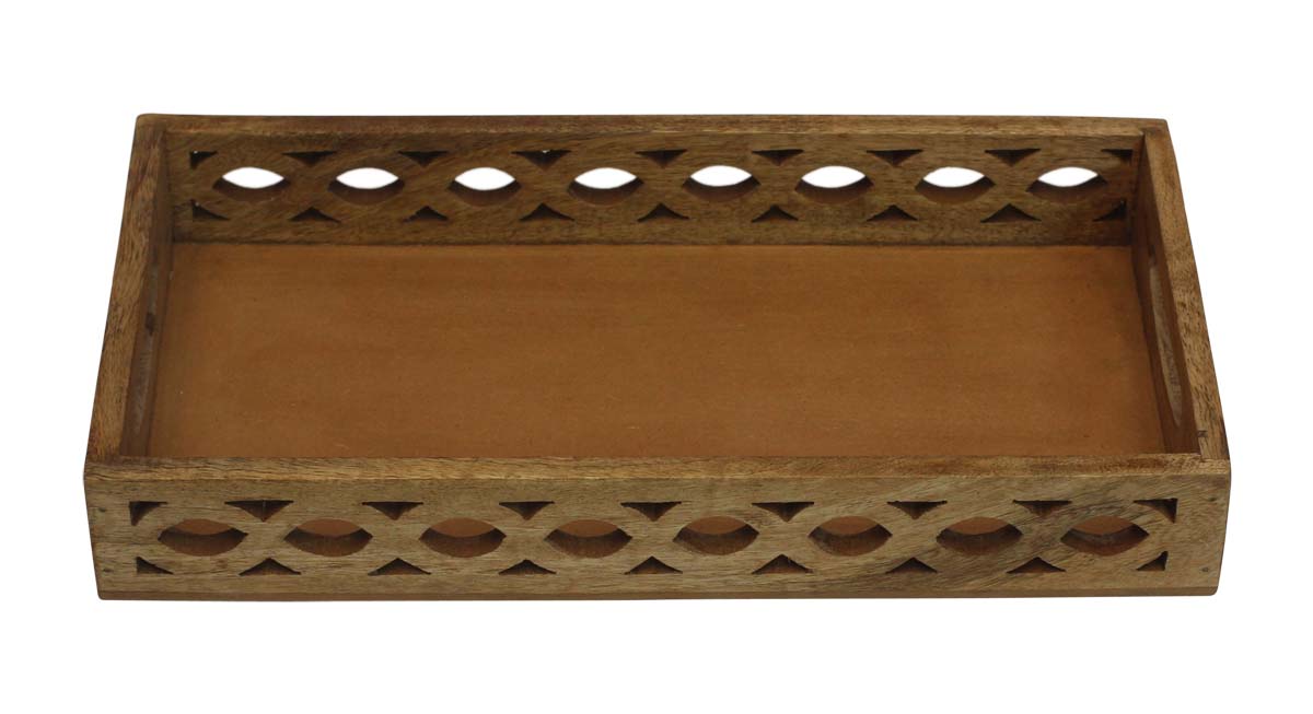 Bulk Wholesale Serving Tray with Handmade 14” Wood Intricate Open-Work Art Carving of Oval Rings in Natural-Brown Color - Antique-Look Home Decor/Kitchen Essentials from India