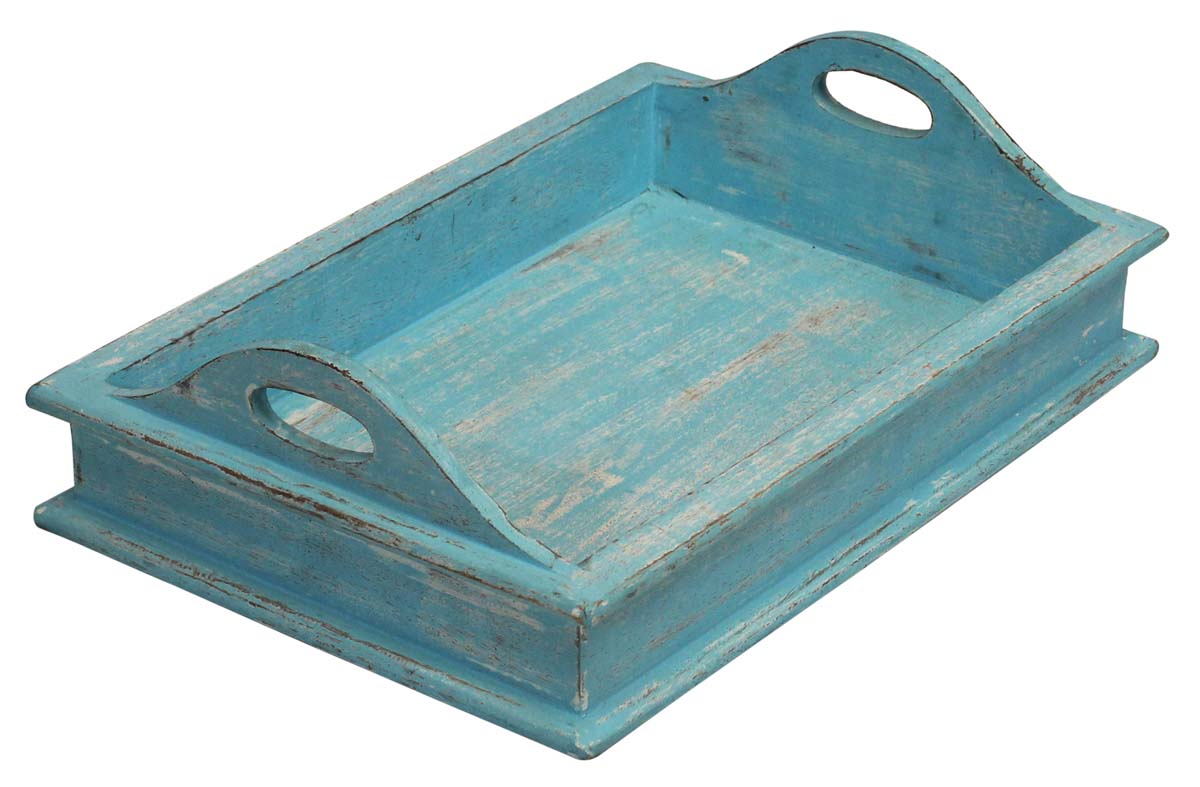Wholesale Serving Tray with Handles Handmade 16.5” Wood in Pastel-Blue Color - Distressed-Look Home Decor/Kitchen Essentials from India