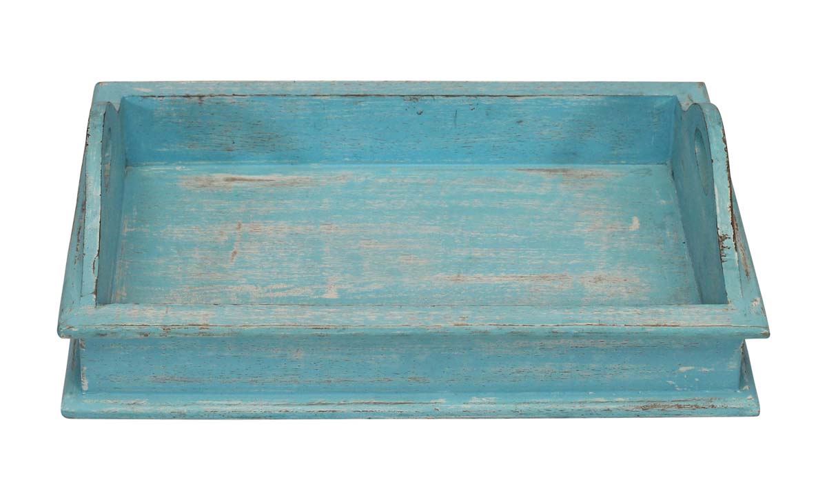 Wholesale Serving Tray with Handles Handmade 16.5” Wood in Pastel-Blue Color - Distressed-Look Home Decor/Kitchen Essentials from India