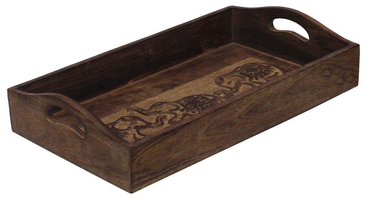 Bulk Wholesale Wood Serving Tray with Handmade 15” Intricate Carving of 3 Elephant Motifs in Natural-Brown Color - Antique-Look Home Decor/Kitchen Essentials from India