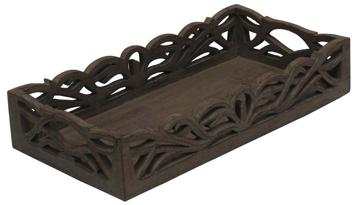 Bulk Wholesale Wood Serving Tray with Handmade 14” Intricate Open-Work Art Carving in Distressed Dark-Brown Color - Antique-Look Home Decor/Kitchen Essentials from India