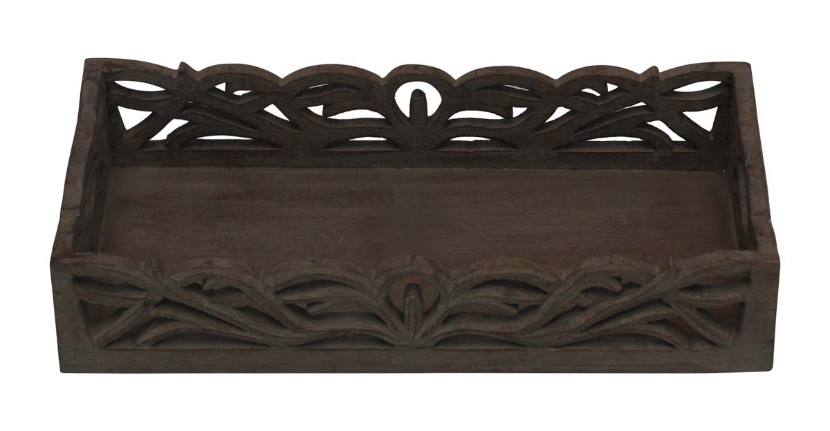 Bulk Wholesale Wood Serving Tray with Handmade 14” Intricate Open-Work Art Carving in Distressed Dark-Brown Color - Antique-Look Home Decor/Kitchen Essentials from India