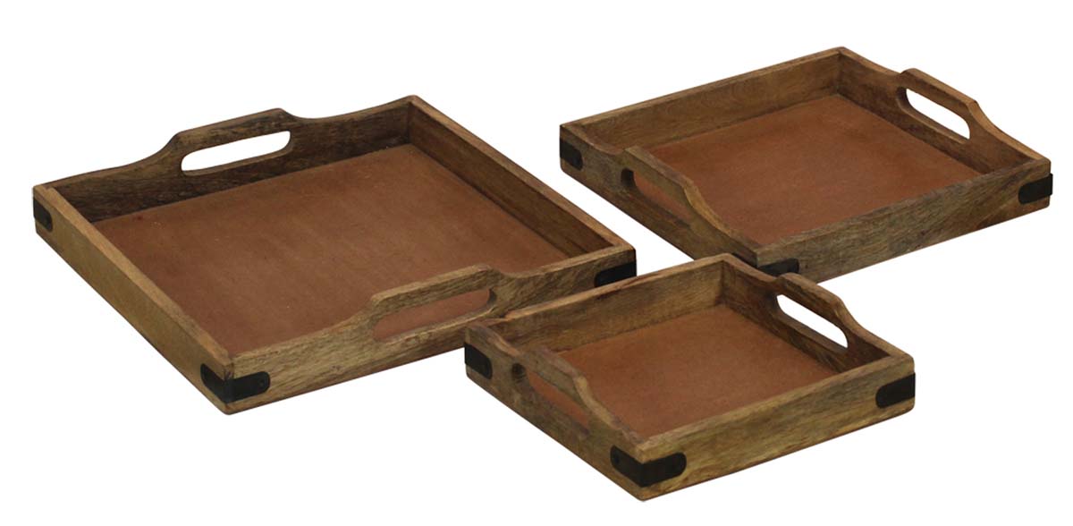 Bulk Wholesale Set of 3 Square Wood Serving Trays Handmade in Natural Brown Color - Antique-Look Kitchen Essentials from India