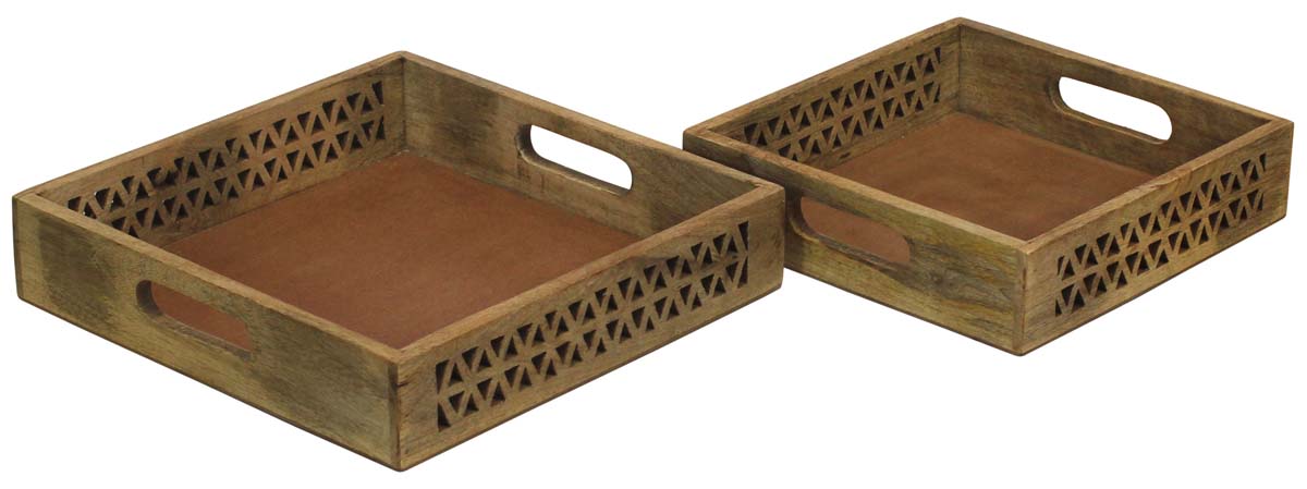Bulk Wholesale Hand-Carved Set of 2 Square Wood Serving Trays in Natural Brown Color Decorated with Intricate Carving at 2 Edges - Antique-Look Kitchen Essentials from India