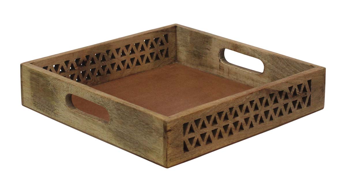 Bulk Wholesale Hand-Carved Set of 2 Square Wood Serving Trays in Natural Brown Color Decorated with Intricate Carving at 2 Edges - Antique-Look Kitchen Essentials from India