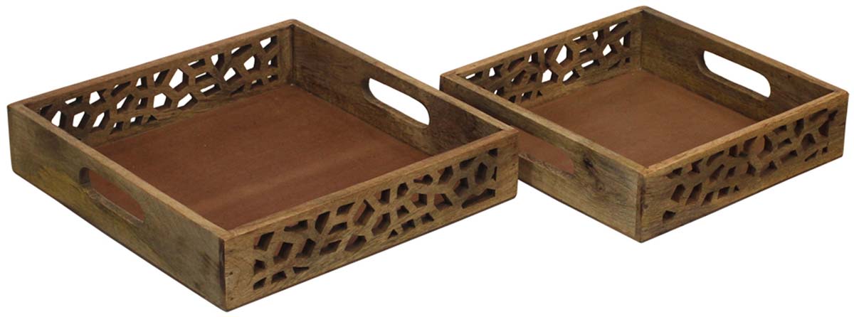 Bulk Wholesale Serving Trays Hand-Carved Set of 2 Square Wood in Natural Brown Color - Antique-Look Kitchen Essentials from India