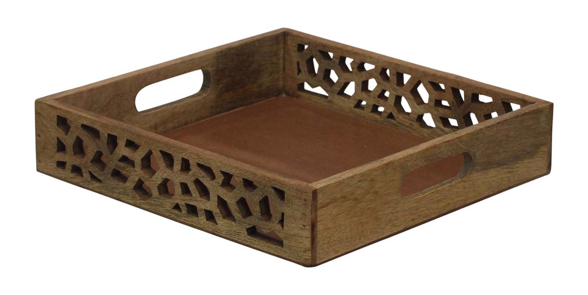 Bulk Wholesale Serving Trays Hand-Carved Set of 2 Square Wood in Natural Brown Color - Antique-Look Kitchen Essentials from India