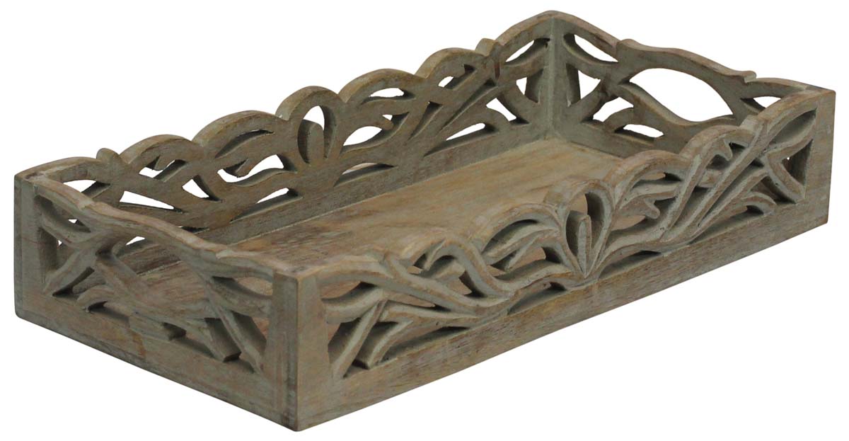 Bulk Wholesale Serving Tray Handmade 14” Wood with Intricate Open-Work Art Carving in Gray Color - Distressed-Look Home Decor/Kitchen Essentials from India