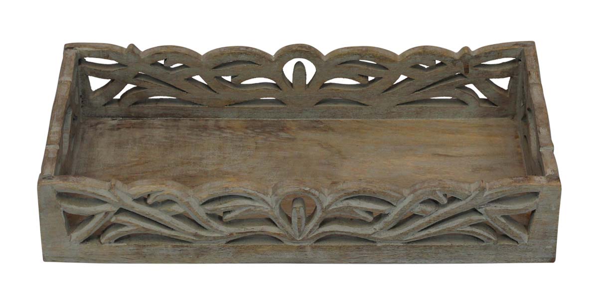 Bulk Wholesale Serving Tray Handmade 14” Wood with Intricate Open-Work Art Carving in Gray Color - Distressed-Look Home Decor/Kitchen Essentials from India