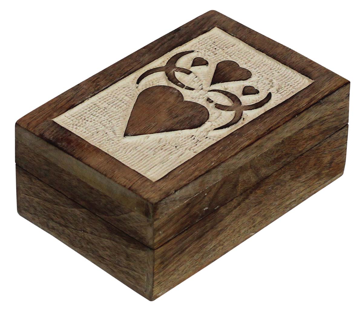 6.2x4” Wooden Jewelry Box in Bulk - Wholesale Handmade Wood Jewelry Box/Trinket Box with Carving of Hearts at the Top Decorated with White Color from India