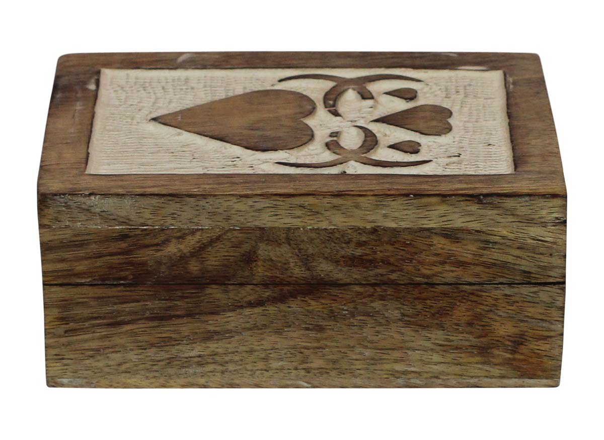 6.2x4” Wooden Jewelry Box in Bulk - Wholesale Handmade Wood Jewelry Box/Trinket Box with Carving of Hearts at the Top Decorated with White Color from India