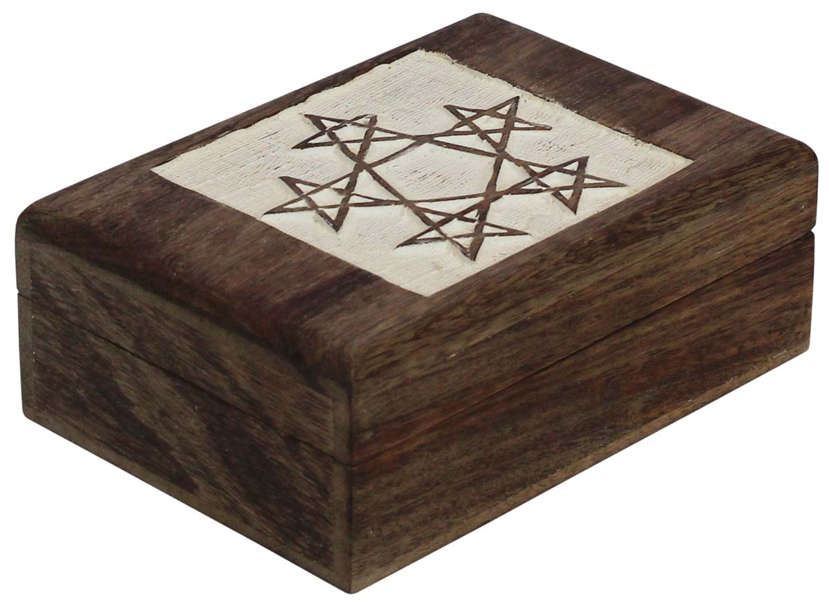 Source 7x5” Wooden Black Jewelry Box in Bulk - Wholesale Handmade Wood Jewelry Box/Trinket Box with Carving of Stars at the Top Decorated with White Color from India