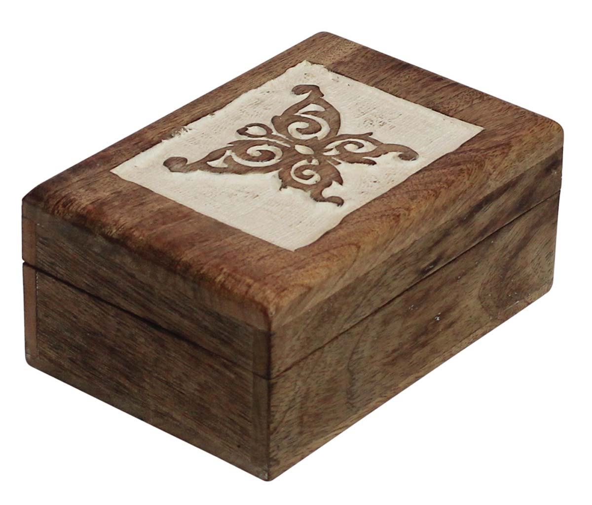 6x4” Wooden Black Jewelry Box in Bulk - Wholesale Handmade Wood Jewelry Box/Trinket Box with Carving of Butterfly at the Top Decorated with White Color from India
