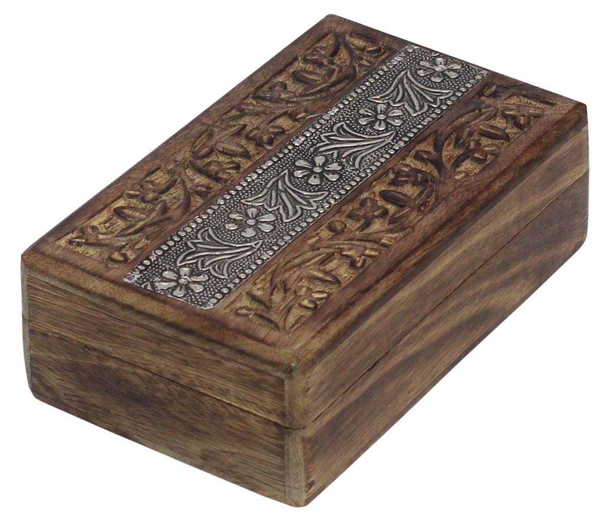 Bulk Buy 8x5”WoodJewelry Box - Wholesale Handmade Jewelry Box/Trinket Box in Dark-Brown Color Decorated with Carving of Traditional-Look Motifs & a Metal Sheet at the Top from India