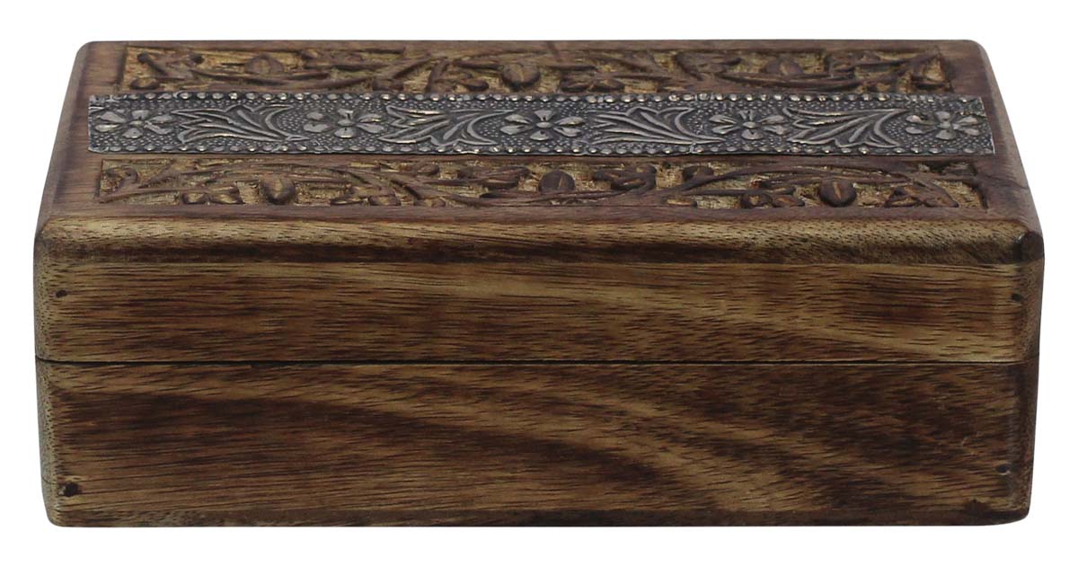 Bulk Buy 8x5”WoodJewelry Box - Wholesale Handmade Jewelry Box/Trinket Box in Dark-Brown Color Decorated with Carving of Traditional-Look Motifs & a Metal Sheet at the Top from India
