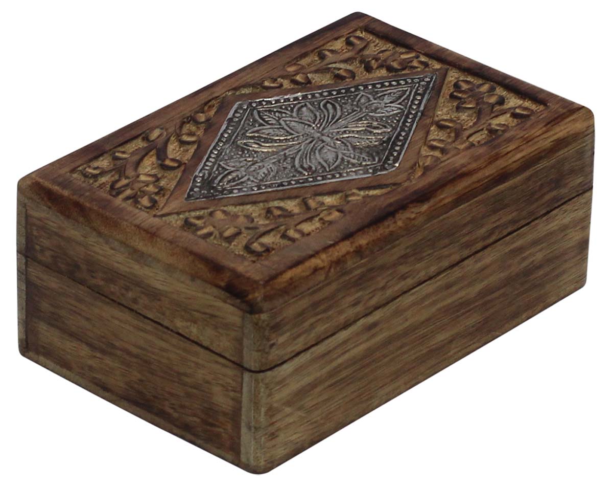 Wood 6x4” Jewelry Box in Bulk - Wholesale Handmade Jewelry Box/Trinket Box in Dark-Brown Color Decorated with Carving of Traditional-Look Motifs & a Metal Sheet at the Top from India