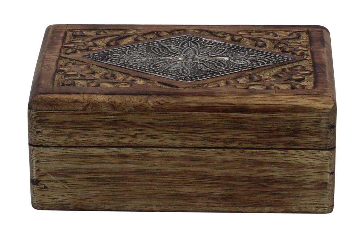 Wood 6x4” Jewelry Box in Bulk - Wholesale Handmade Jewelry Box/Trinket Box in Dark-Brown Color Decorated with Carving of Traditional-Look Motifs & a Metal Sheet at the Top from India