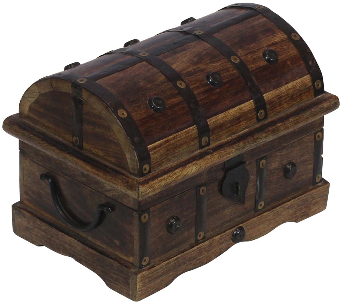 Trunk-Shaped 9.5” Wooden Jewelry Box in Bulk - Wholesale Handmade Wood Jewelry Box/Trinket Box in Dark-Brown Color Decorated with Iron Work and Traditional-Look Metal Lock from India