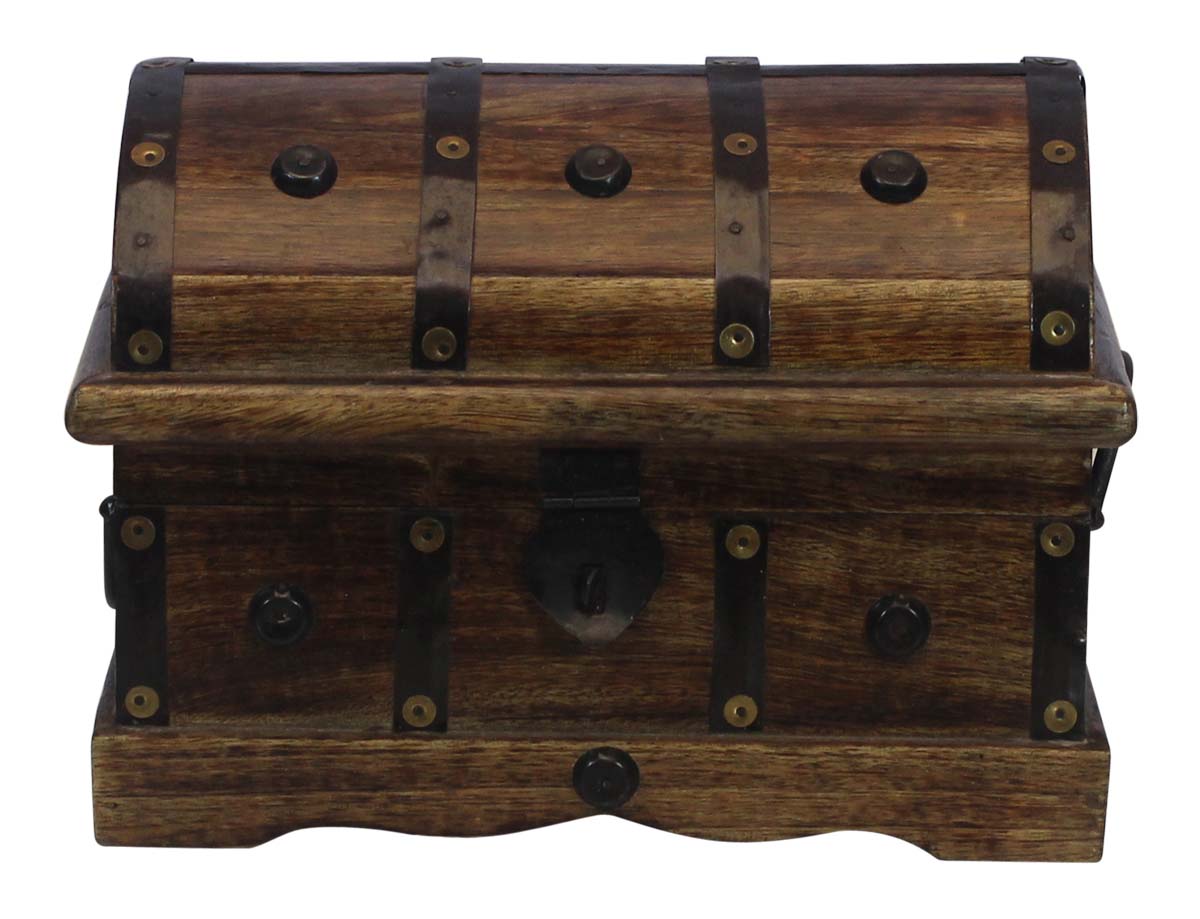 Trunk-Shaped 9.5” Wooden Jewelry Box in Bulk - Wholesale Handmade Wood Jewelry Box/Trinket Box in Dark-Brown Color Decorated with Iron Work and Traditional-Look Metal Lock from India