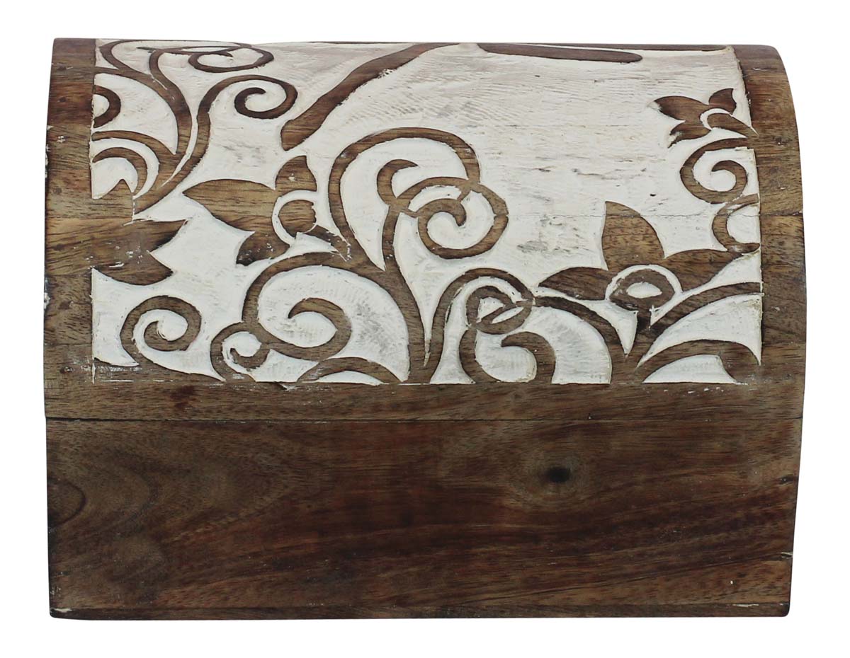 Bulk Buy 9” Wood Trunk-Shaped Jewelry Box - Wholesale Handmade Distressed Maroon Jewelry Box/Trinket Box in Dark-Brown Color Decorated with Floral Motifs Filled with White Color from India