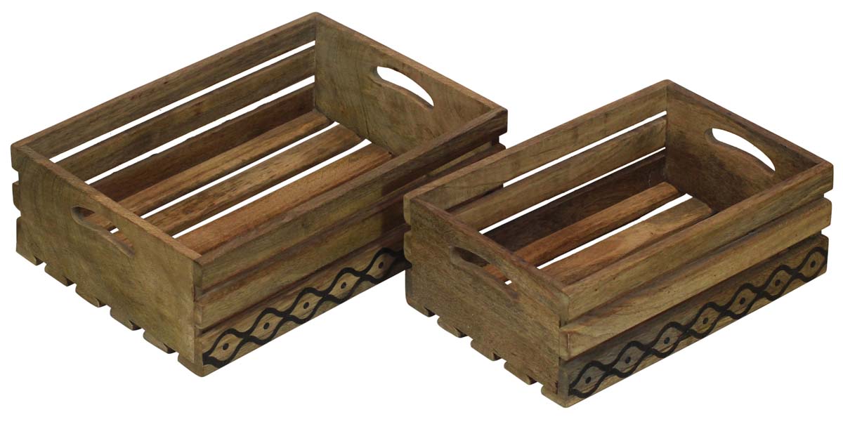 Bulk Wholesale Open Baskets/Trays Handmade Set of 2 Wood in Natural-Brown Color Decorated with Black Hand-Painted Motifs - Ethnic-Look Home Essentials from India