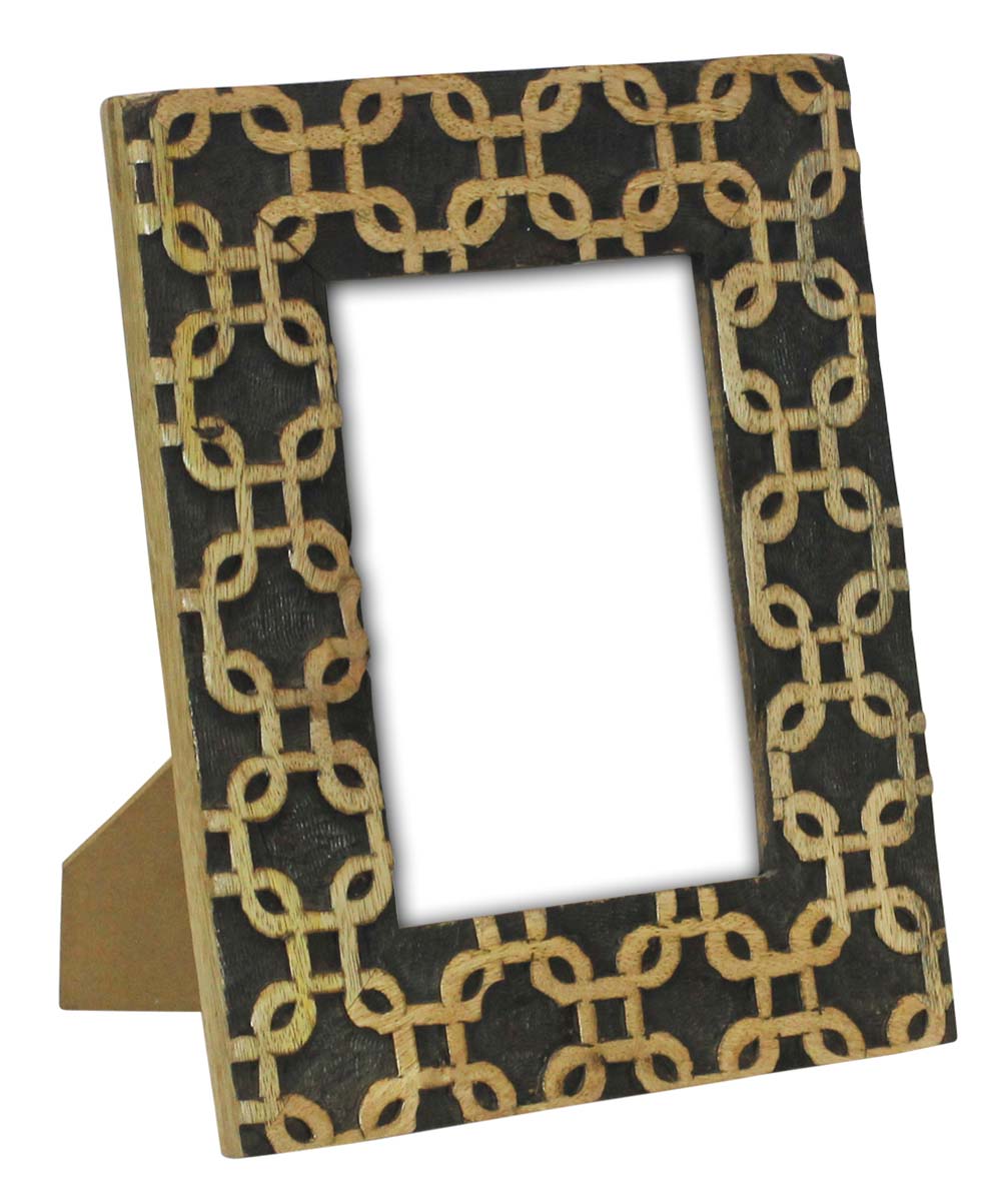 Rectangular Hand-Carved 5x7 Photo/Picture Frame in Bulk - Wholesale Wood Photo Frame with Interlocked Grid Pattern in Black - Home Decor Picture Frame from India