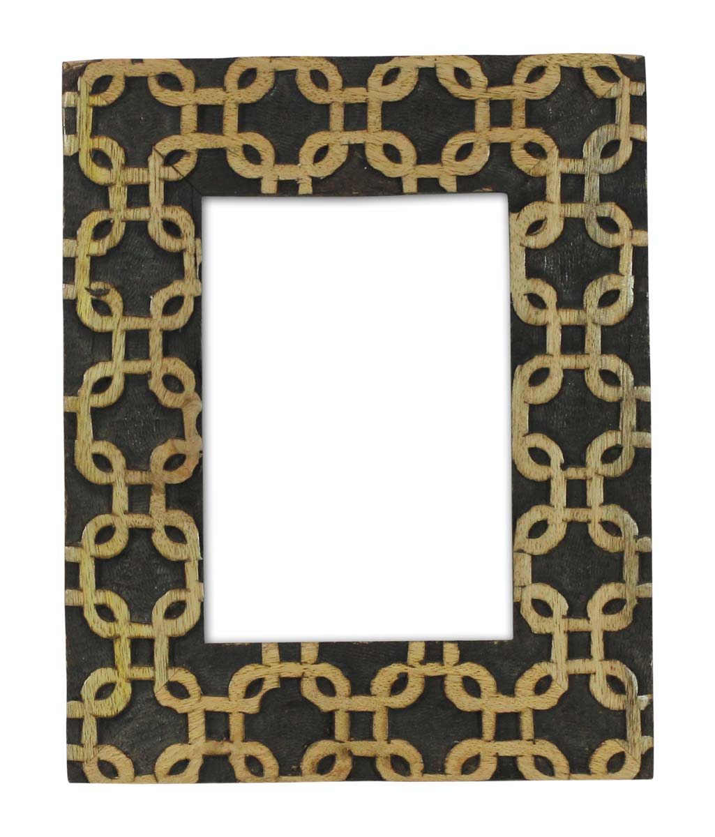 Rectangular Hand-Carved 5x7 Photo/Picture Frame in Bulk - Wholesale Wood Photo Frame with Interlocked Grid Pattern in Black - Home Decor Picture Frame from India