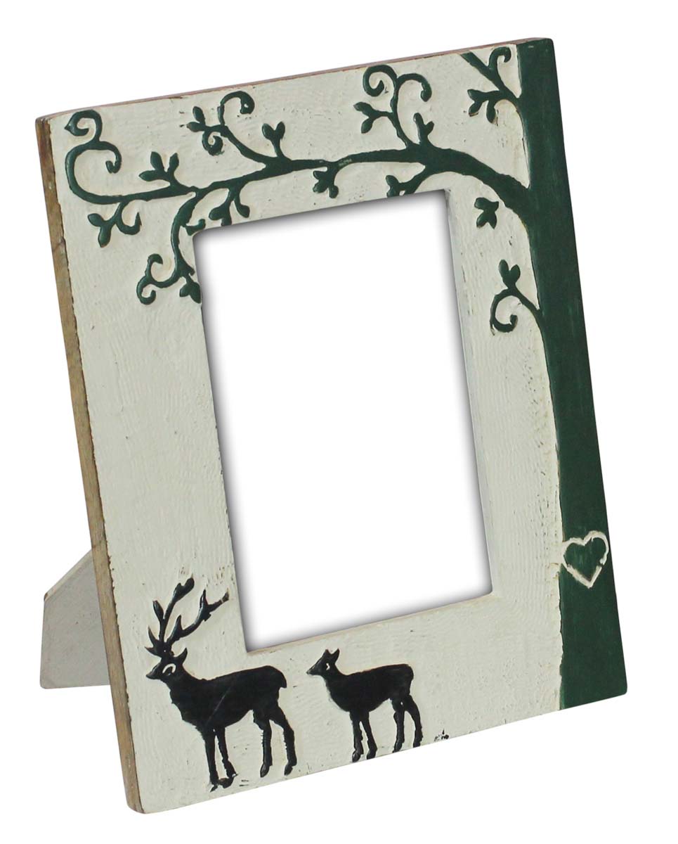 Wholesale Wood 5x7 Photo/Picture Frame - Bulk Buy Photo Frame with Carving of Deer with Antlers & Trees Further Decorated with White, Green & Black Color - Home Decor Picture Frame from India