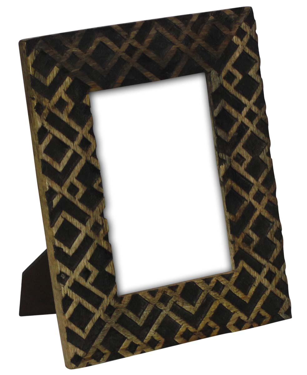 Wholesale Rectangular 5x7 Wood Photo/Picture Frame with Geometric Pattern in Black - Bulk Buy Hand-Carved Home Decor Photo/Picture Frame from India