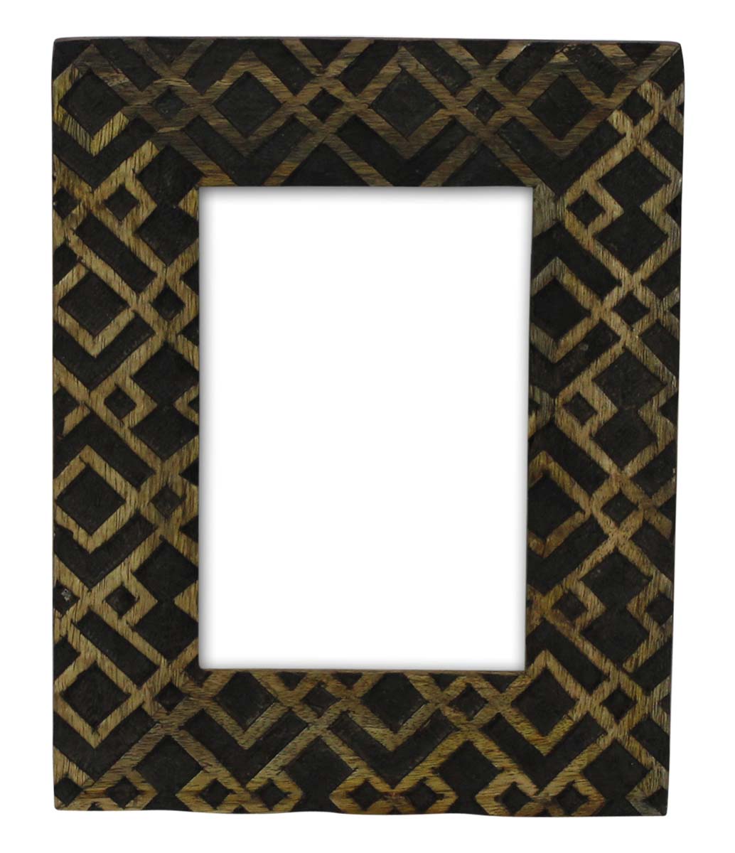 Wholesale Rectangular 5x7 Wood Photo/Picture Frame with Geometric Pattern in Black - Bulk Buy Hand-Carved Home Decor Photo/Picture Frame from India