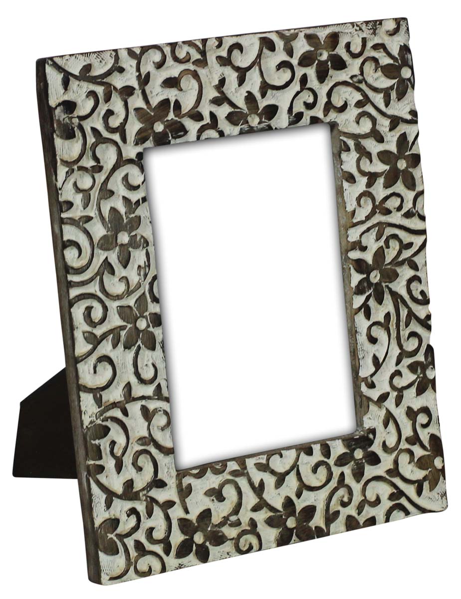 Bulk Buy 5x7” Picture Frame - Wholesale Handmade Wood Photo Frame in Light-Brown Color with Carving of Floral Motifs & Filled with White Color - Home Decor Accessories from India