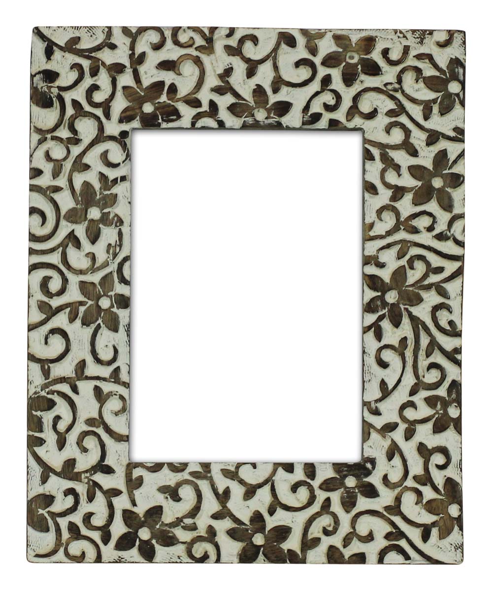 Bulk Buy 5x7” Picture Frame - Wholesale Handmade Wood Photo Frame in Light-Brown Color with Carving of Floral Motifs & Filled with White Color - Home Decor Accessories from India
