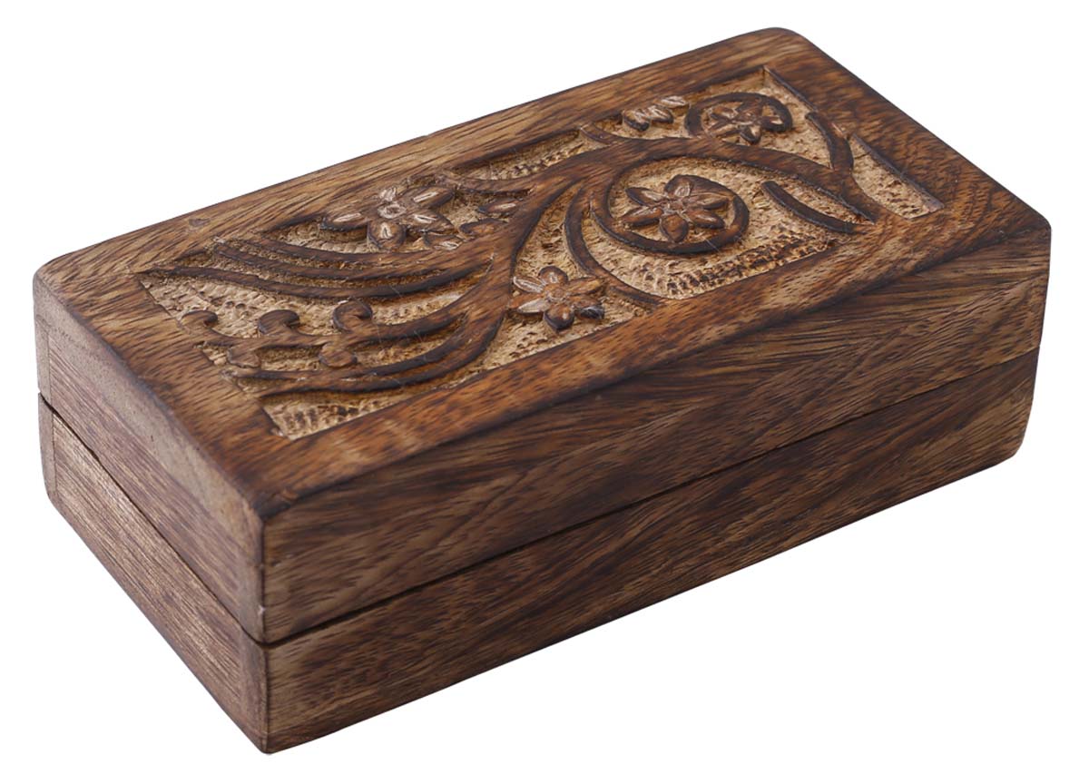 Wholesale Set of 3 Wooden Jewelry Boxes - Bulk Buy Hand Carved Wood Keepsake Box/Trinket Box with Intricate Floral Motifs Carving - Antique-Look Storage Boxes from India