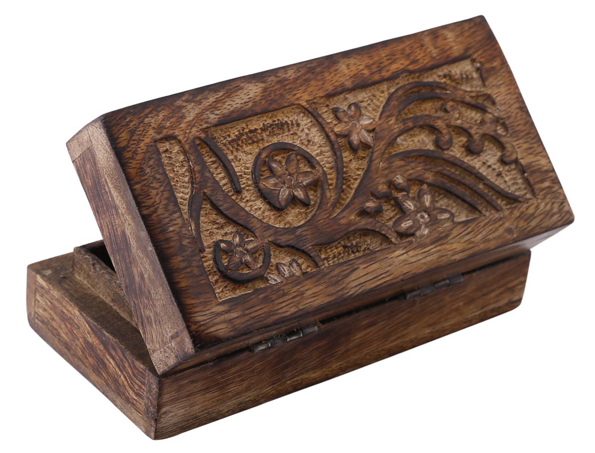 Wholesale Set of 3 Wooden Jewelry Boxes - Bulk Buy Hand Carved Wood Keepsake Box/Trinket Box with Intricate Floral Motifs Carving - Antique-Look Storage Boxes from India