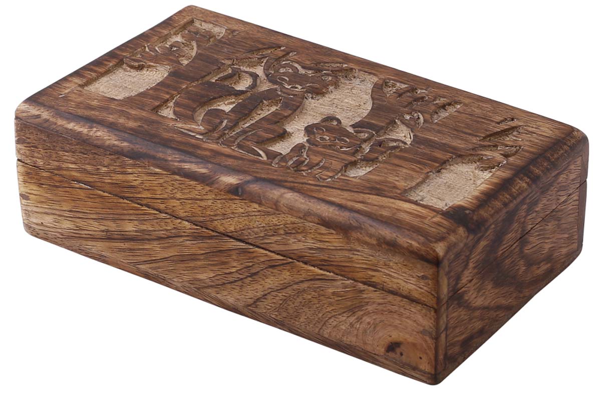 Hand-Carved Set of 3 Wooden Jewelry Box in Bulk - Wholesale Wood Jewelry Box/Trinket Box with Intricate Carving in Cat & Tree Design from India