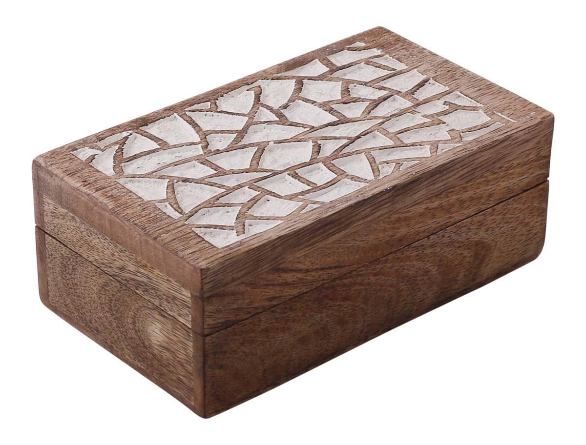 Hand-Carved Set of 3 Wooden Jewelry Box in Bulk - Wholesale Wood Jewelry Box/Trinket Box in Brown & White Color with Intricate Carving in Abstract Pattern at the Top from India