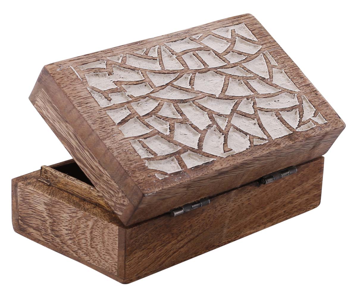Hand-Carved Set of 3 Wooden Jewelry Box in Bulk - Wholesale Wood Jewelry Box/Trinket Box in Brown & White Color with Intricate Carving in Abstract Pattern at the Top from India