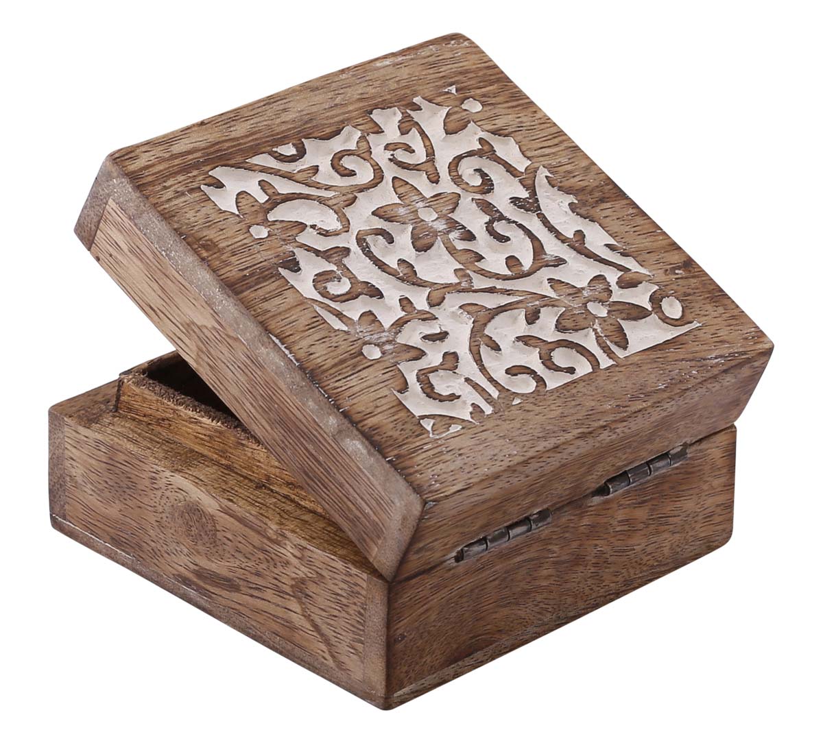 Source Set of 3 Wood Jewelry Box in Bulk - Wholesale Hand-Carved Jewelry Boxes/Trinket Boxes in Brown & White Color with Intricate Carving in Floral Design at the Top from India